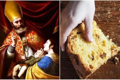 San Biagio, protettore della gola, si celebra il 3 febbraio. Qui, un dipinto del santo e una fetta di panettone, dolce tipico delle feste.