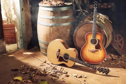 Due chitarre acustiche accanto a botti di legno, con foglie cadute e un'atmosfera che evoca il loro epperò significato.