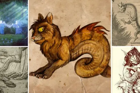 Collage di creature mitologiche: un felino fantastico, un serpente, un drago e figure fatate in un bosco.