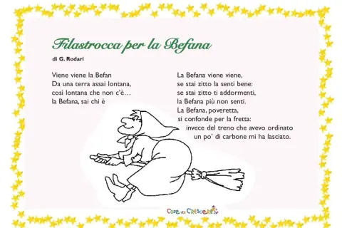 Filastrocca sulla Befana di G. Rodari con disegno di una strega su scopa. La Befana arriva da lontano, ma se stai zitto, non la senti.