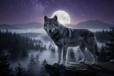 Lupo maestoso con occhi luminosi, simbolo del lupo significato spirituale, domina una scogliera sotto una luna piena e un cielo stellato.