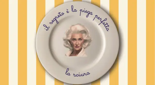 Piatto con ritratto di una sciura milanese e la scritta "il segreto è la piega perfetta".