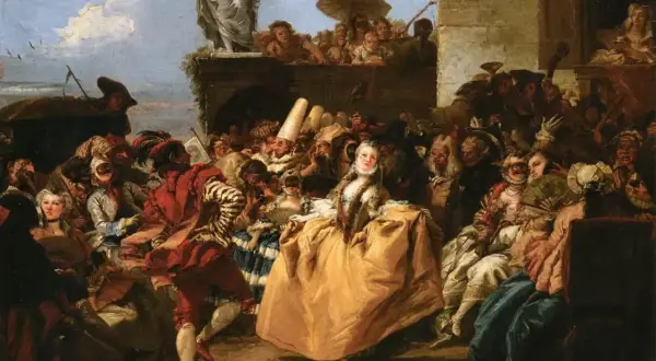 Folla mascherata in festa, un'antica scena che evoca il carnevale origine, con dame e cavalieri in costumi sfarzosi.
