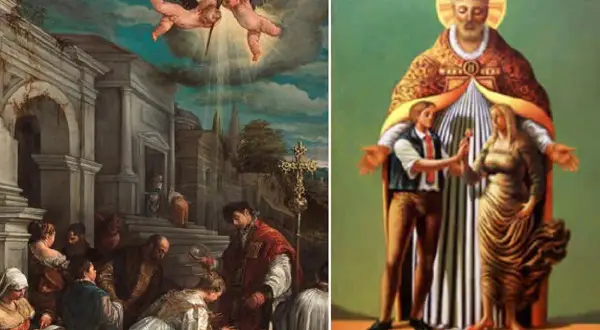 San Valentino, martire, benedice una coppia. La sua morte è legata al suo amore per gli sposi.