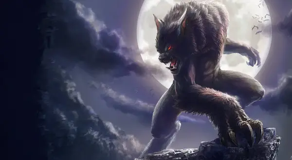Licantropo ringhia sotto la luna piena, un'immagine che evoca il mistero di come diventare un licantropo.