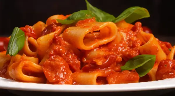 Un piatto di rigatoni allo scarpariello, conditi con un sugo rosso ricco e guarniti con foglie di basilico fresco.