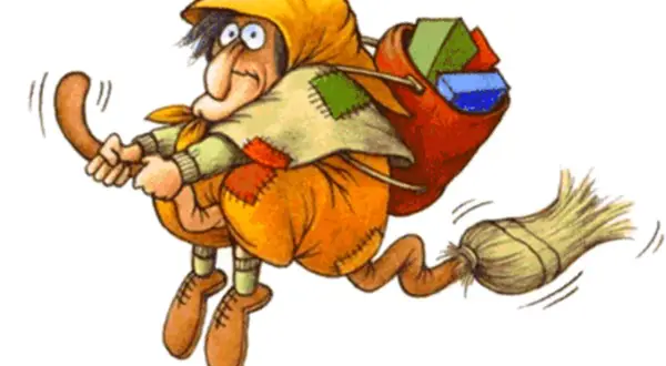 Una Befana vola su una scopa, con un sacco pieno di doni. Non tutte le befane sono brutte, alcune sono proprio befane belle!