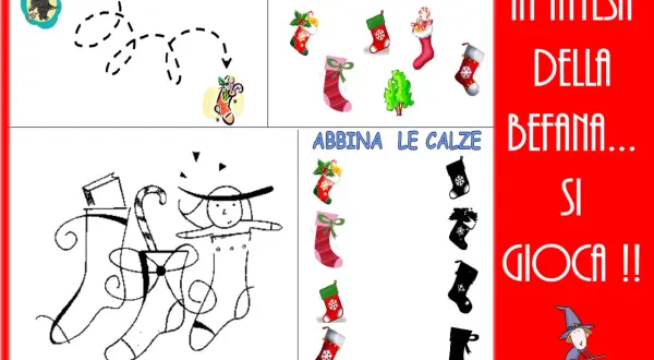 Giochi della Befana: un percorso per la strega, un intruso tra le calze e un gioco di abbinamento. Divertimento in attesa!