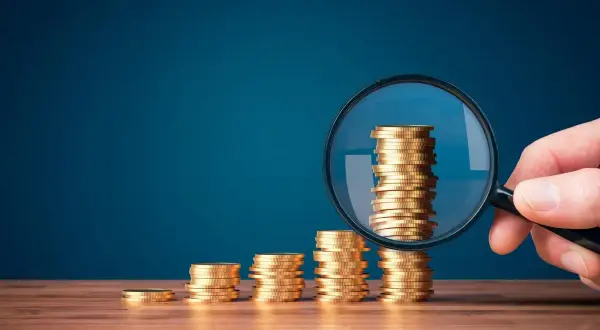 Pile di monete d'oro in crescita, esaminate da una lente d'ingrandimento. Il **regalie significato** è chiaro: l'importanza di analizzare attentamente le proprie finanze.