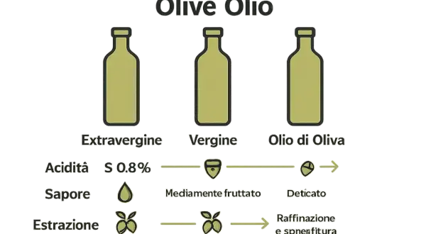 Piva piva l'olio d'oliva: Extravergine, Vergine e Olio di Oliva, con differenze di acidità, sapore ed estrazione.