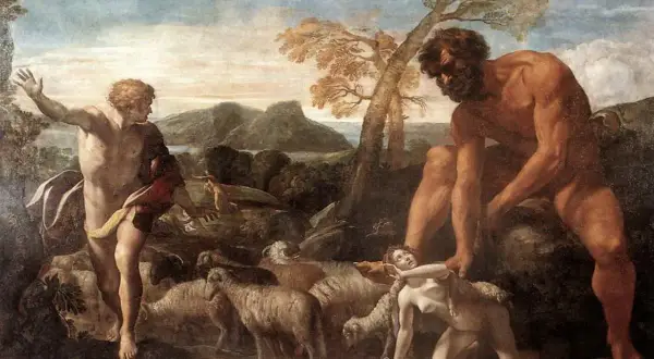 Giganti dominano un paesaggio pastorale, uno afferra una donna, l'altro guarda con un gesto di sorpresa. Pecore e montagne completano la scena.