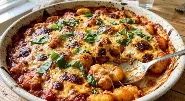 Gnocchi alla sorrentina, un classico della tradizione, cotti al forno con pomodoro, mozzarella filante e basilico fresco.