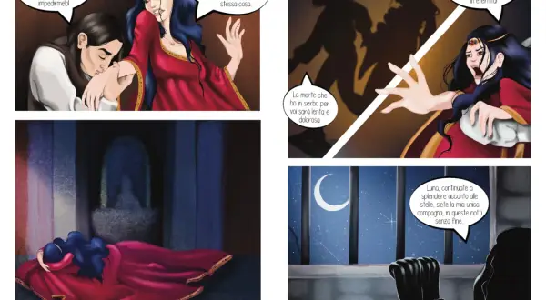 La dama bianca, in abito rosso, giace a terra. In un'altra vignetta, incatenata, guarda la luna.