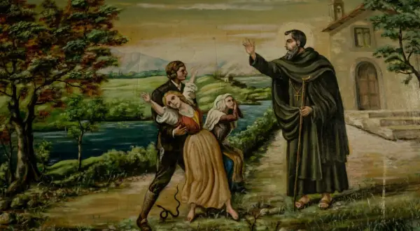 Un santo benedice una famiglia spaventata da un serpente, un'icona della festa dei serpari.