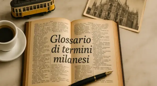 Glossario di termini milanesi, con un tram in miniatura e una tazza di caffè, che evoca l'atmosfera della città.