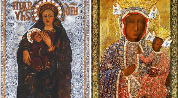 Icone sacre affiancate: una Madonna di colore con Bambino, con aureola e iscrizioni, e un'altra Madonna di colore, riccamente ornata, con corone e angeli.