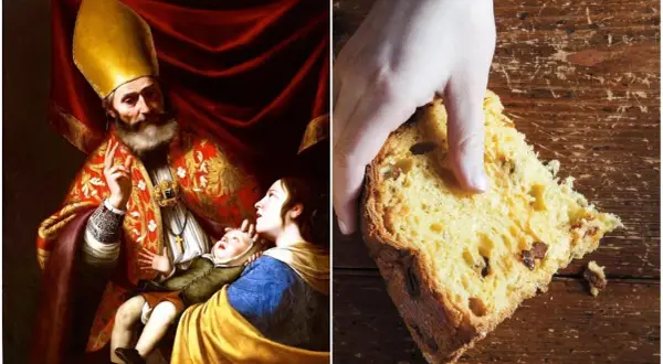 San Biagio, protettore della gola, si celebra il 3 febbraio. Qui, un dipinto del santo e una fetta di panettone, dolce tipico delle feste.