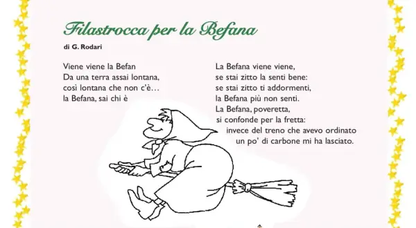 Filastrocca sulla Befana di G. Rodari con disegno di una strega su scopa. La Befana arriva da lontano, ma se stai zitto, non la senti.