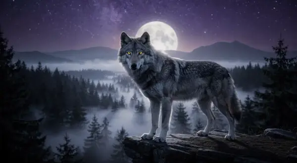 Lupo maestoso con occhi luminosi, simbolo del lupo significato spirituale, domina una scogliera sotto una luna piena e un cielo stellato.