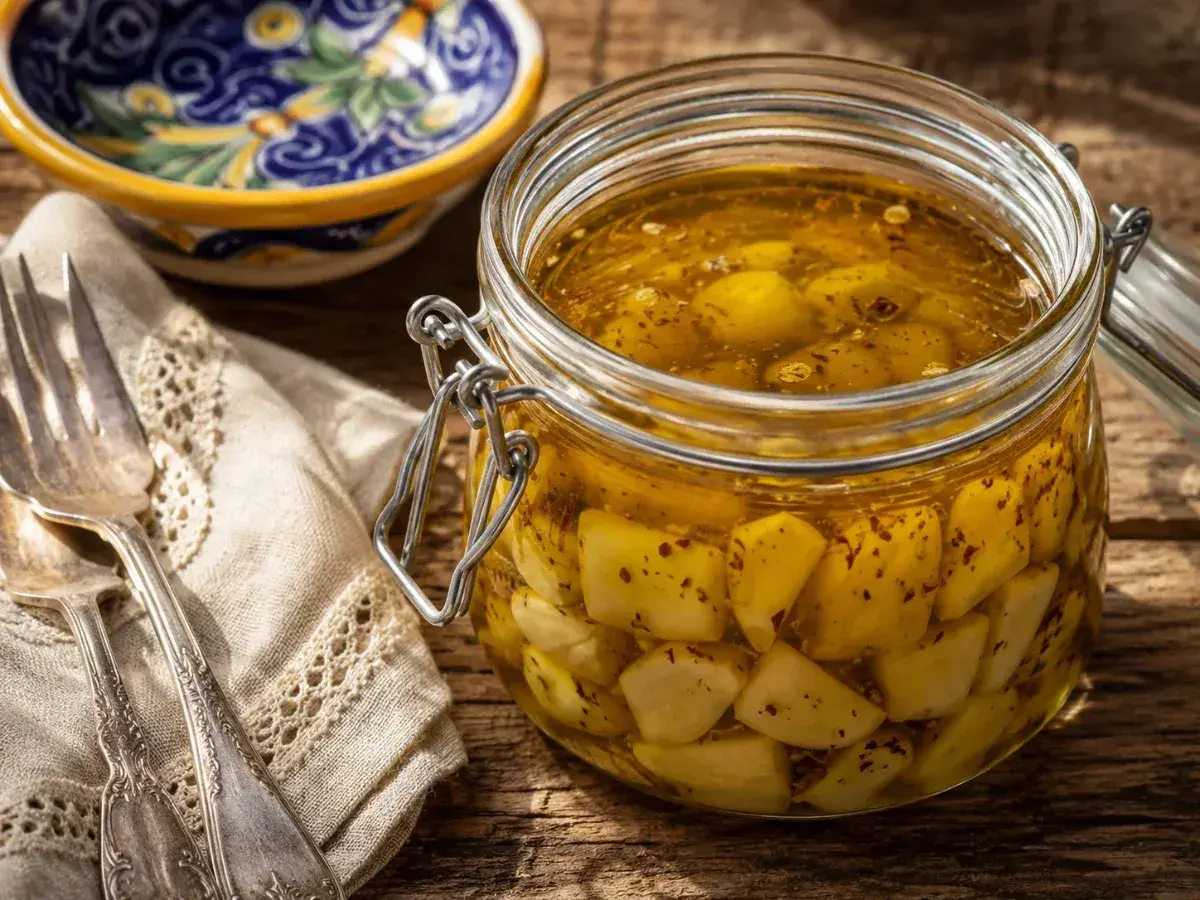 Un barattolo di aglio sott'olio, pronto per essere usato in ogni ricetta. Accanto, una forchetta e un tovagliolo ricamato.