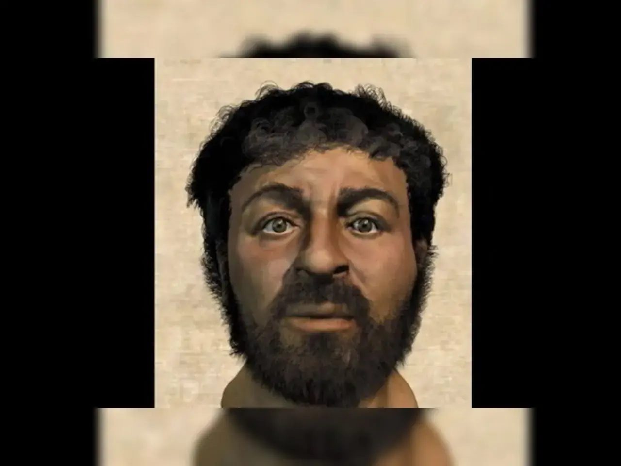 La vera immagine di Gesù, un volto realistico con barba scura e capelli ricci, che evoca un'antica umanità.