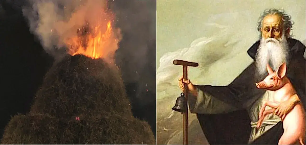 Falò e un dipinto di Sant'Antonio Abate con un maialino, che evoca la leggenda del santo protettore degli animali.