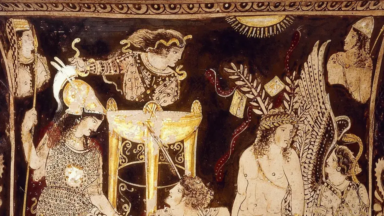 Antica pittura su vaso raffigurante divinità e figure mitologiche, forse legata ai **nomi dei mesi origine**.