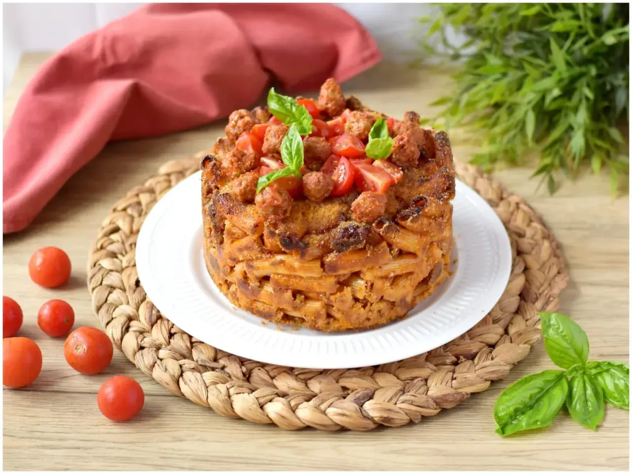 Un invitante pasta timbale, dorato e ripieno, guarnito con pomodorini e basilico fresco.