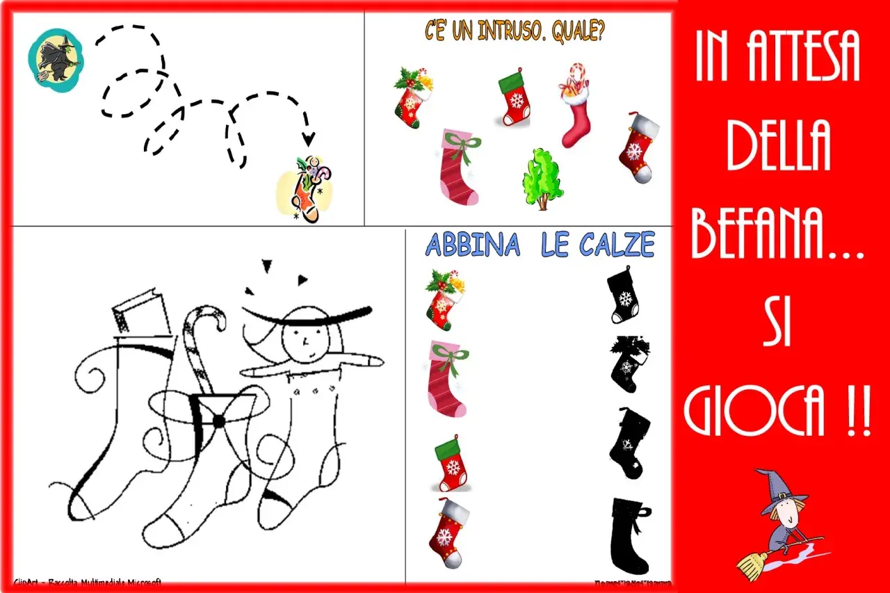 Giochi della Befana: un percorso per la strega, un intruso tra le calze e un gioco di abbinamento. Divertimento in attesa!
