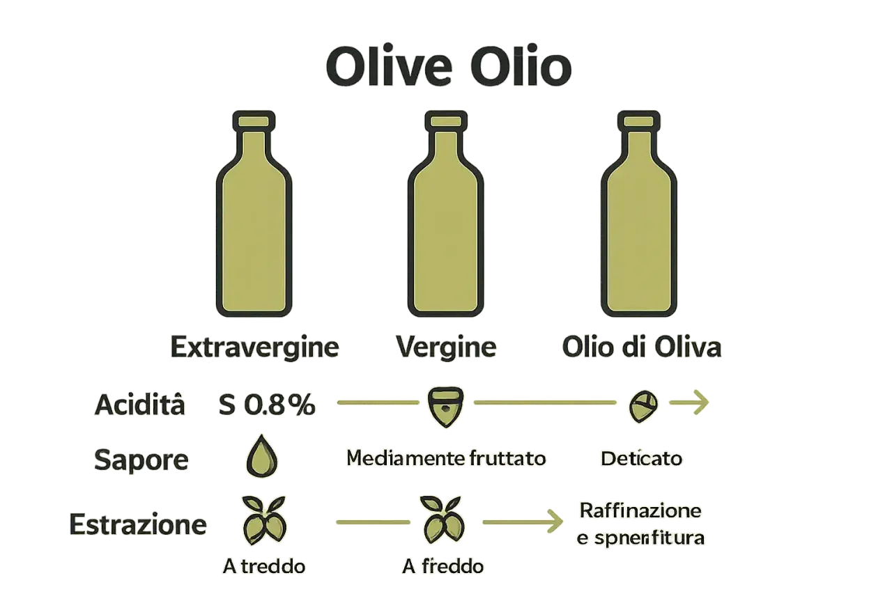 Piva piva l'olio d'oliva: Extravergine, Vergine e Olio di Oliva, con differenze di acidità, sapore ed estrazione.