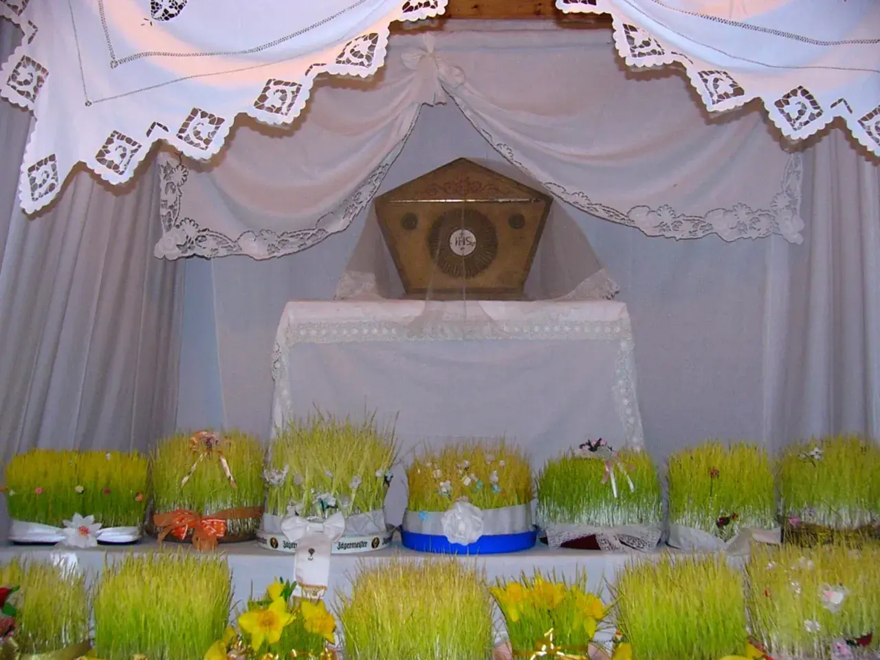 Il giro dei sepolcri: un altare con un ostensorio dorato, circondato da vasi di grano verde decorati con nastri e fiori.