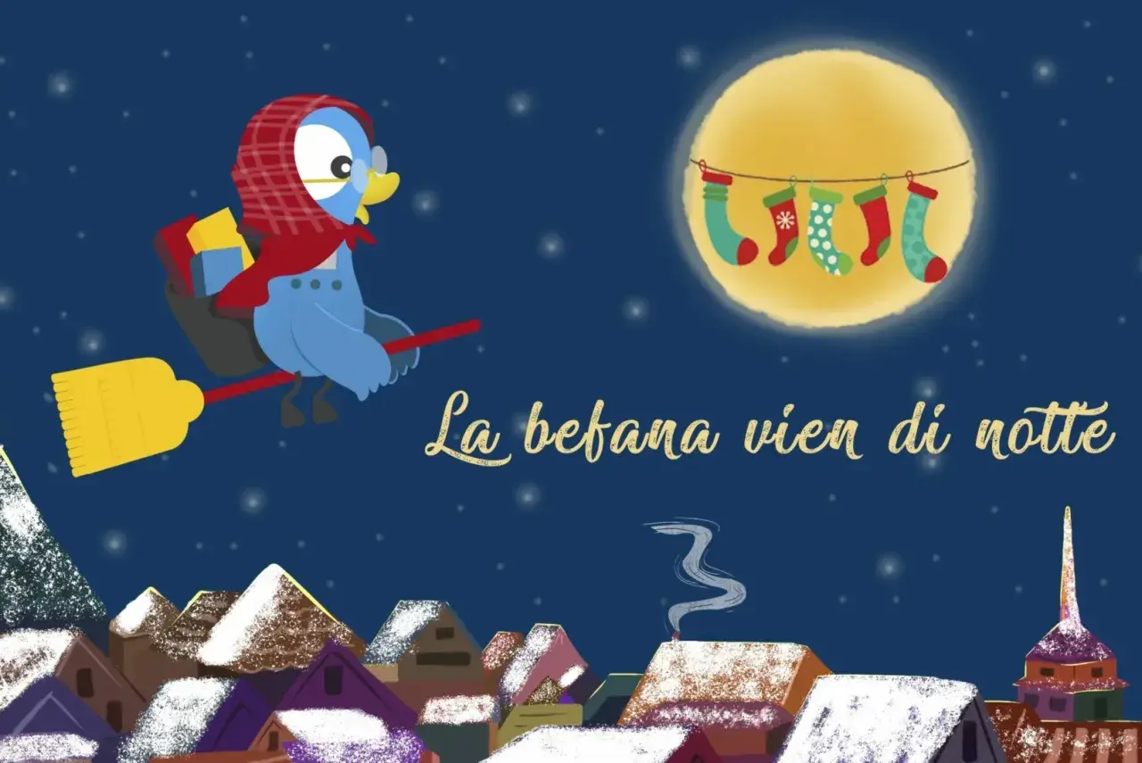Un uccellino vola sulla scopa, portando doni. La befana vien di notte, con calze appese alla luna.