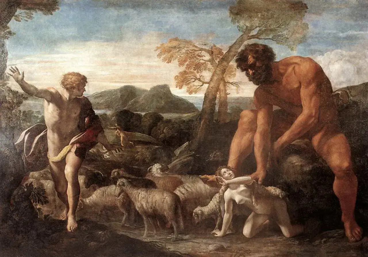 Giganti dominano un paesaggio pastorale, uno afferra una donna, l'altro guarda con un gesto di sorpresa. Pecore e montagne completano la scena.