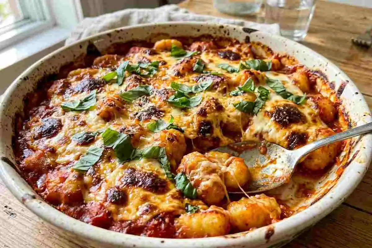 Gnocchi alla sorrentina, un classico della tradizione, cotti al forno con pomodoro, mozzarella filante e basilico fresco.