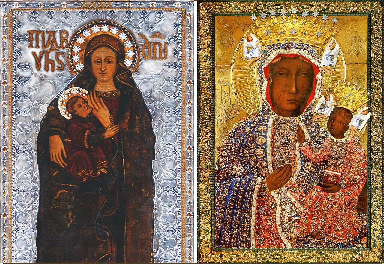 Icone sacre affiancate: una Madonna di colore con Bambino, con aureola e iscrizioni, e un'altra Madonna di colore, riccamente ornata, con corone e angeli.