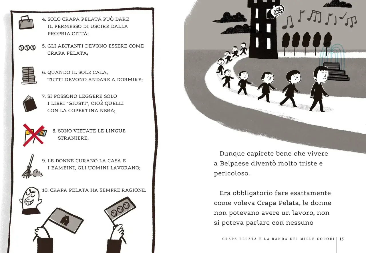Bambini tristi camminano verso un castello, mentre le regole di Crapa Pelata impongono obbedienza.