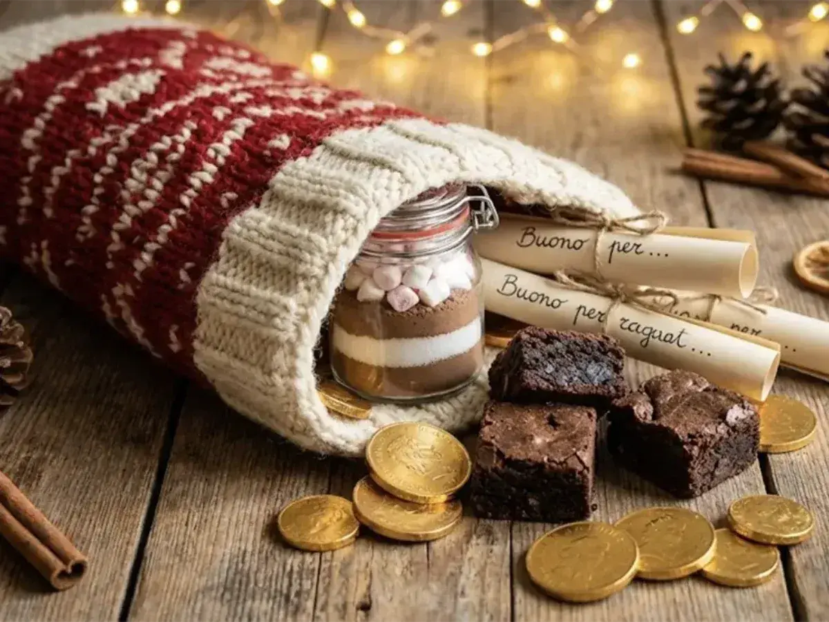 Un calzino natalizio pieno di dolcezze: cioccolata in barattolo, brownies e monete d'oro. Cosa si lascia alla Befana? Un pensiero goloso!