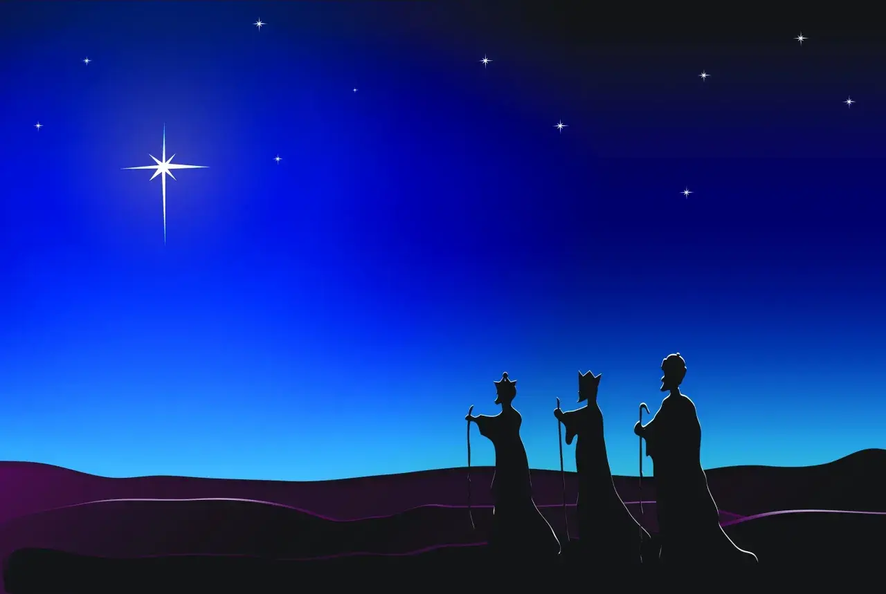 Tre sagome di re con bastoni camminano nel deserto sotto un cielo stellato, guidati dalla stella cometa, quando arrivano i re magi da Gesù bambino.