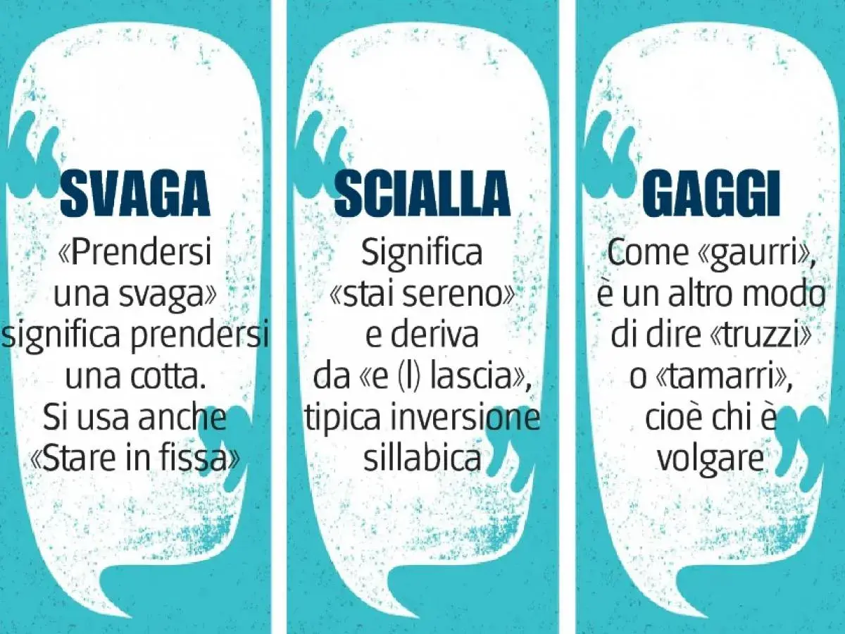 Immagine illustra modi di dire milanesi giovanili: "svaga" (cotta), "scialla" (stai sereno) e "gaggi" (truzzi, volgari).