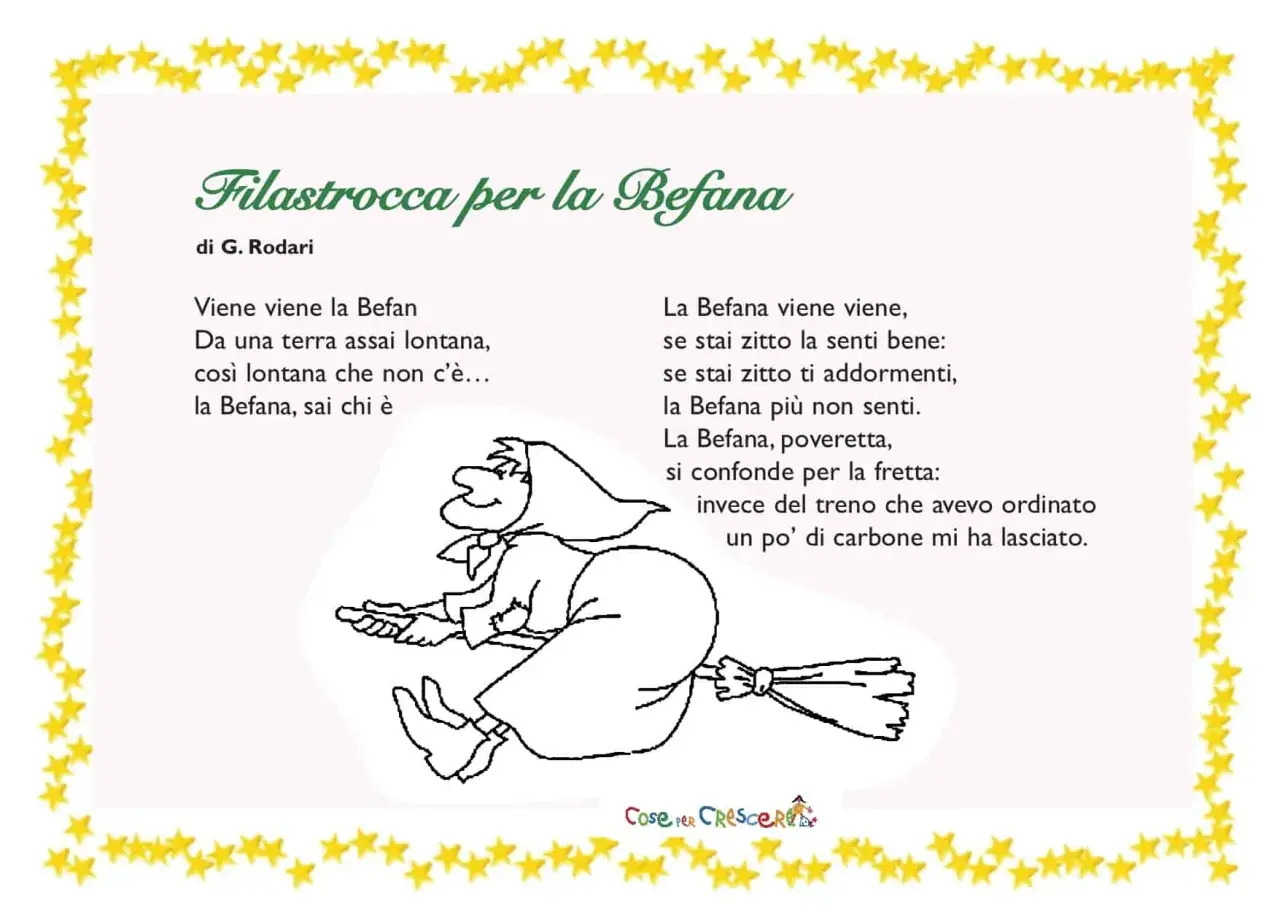 Filastrocca sulla Befana di G. Rodari con disegno di una strega su scopa. La Befana arriva da lontano, ma se stai zitto, non la senti.
