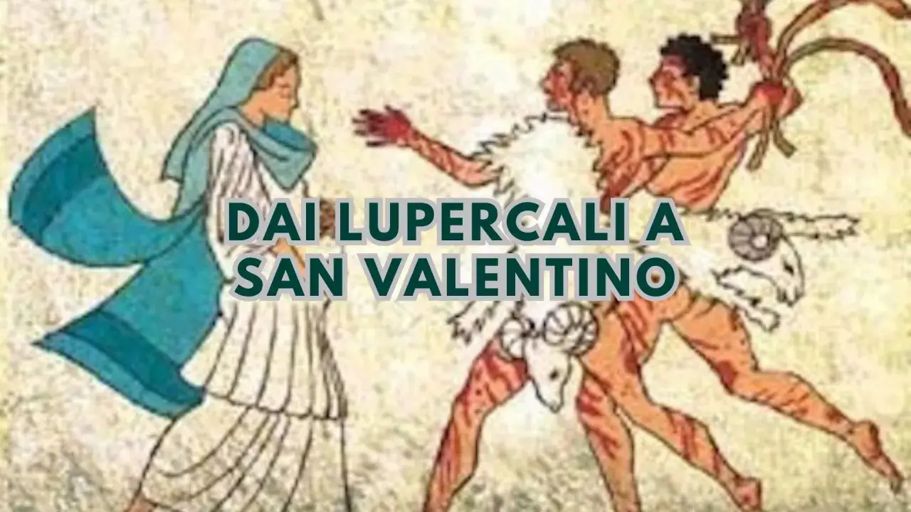 Antica scena dei Lupercali, con uomini seminudi che corrono e frustano donne, un ponte tra antiche tradizioni e San Valentino.
