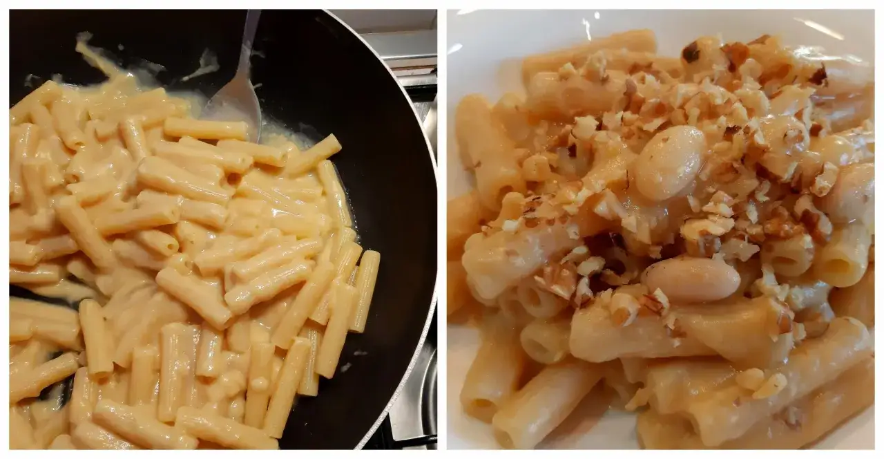 Pasta con crema di formaggio e fagioli spollichini, guarnita con noci tritate. Un piatto cremoso e saporito.
