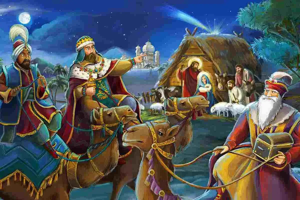 I Re Magi, guidati dalla stella cometa, arrivano a Betlemme per adorare Ges&ugrave; Bambino.