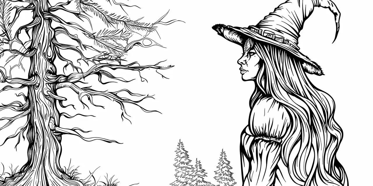 Una strega famosa, con cappello appuntito e lunghi capelli fluenti, osserva un albero spoglio e alberi sparsi.