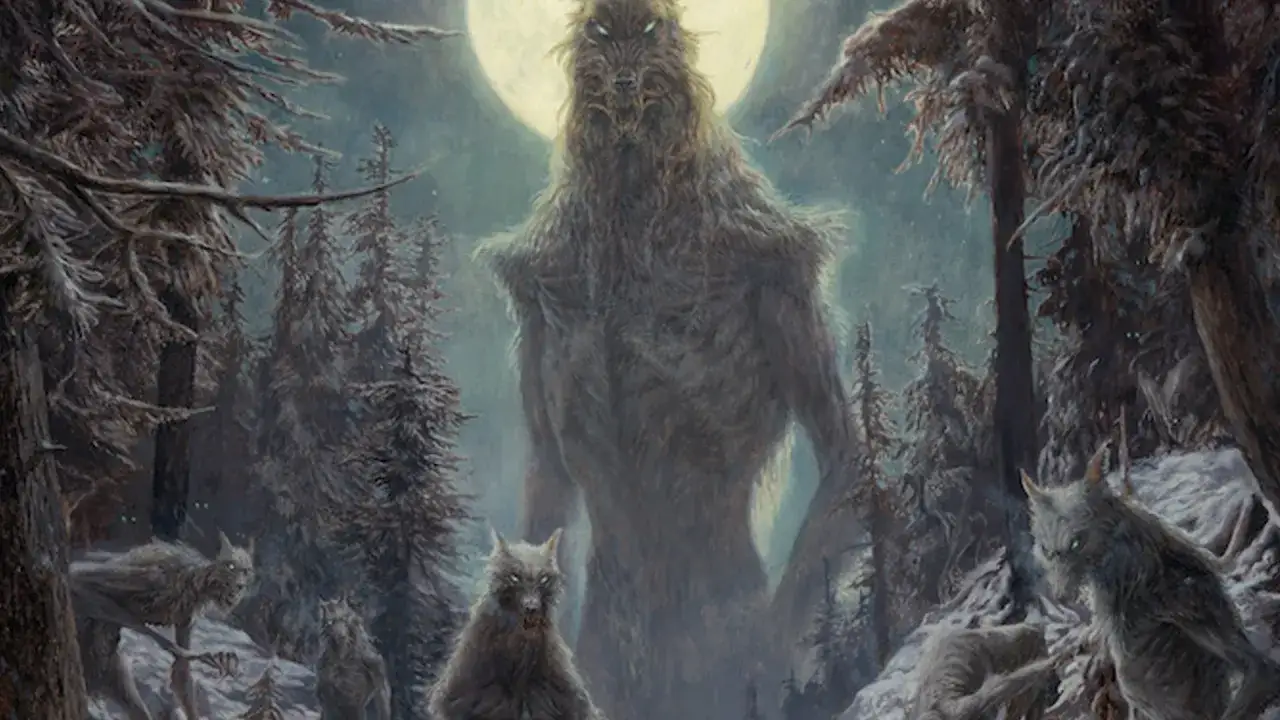 Un licantropo gigante domina una foresta innevata sotto la luna piena, circondato da lupi più piccoli. Un'immagine suggestiva per chi vuole sapere come diventare un licantropo.