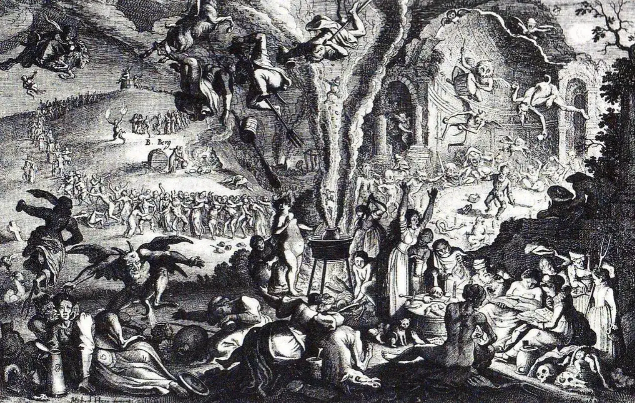 Scene di stregoneria e demoni, un'antica rappresentazione del sabba, con danze sfrenate e rituali oscuri.