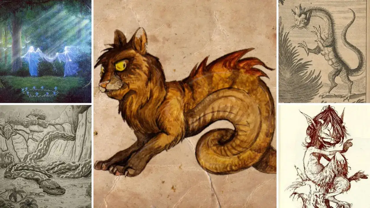 Collage di creature mitologiche: un felino con squame, un serpente gigante, esseri luminosi in un bosco e un folletto.