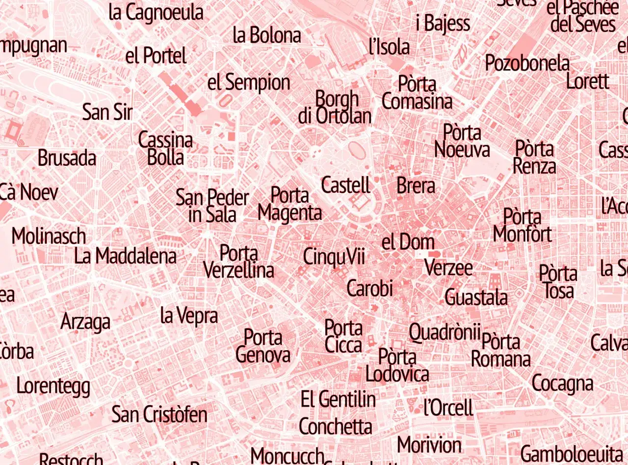 Mappa di Milano con nomi di quartieri e porte in dialetto, come 