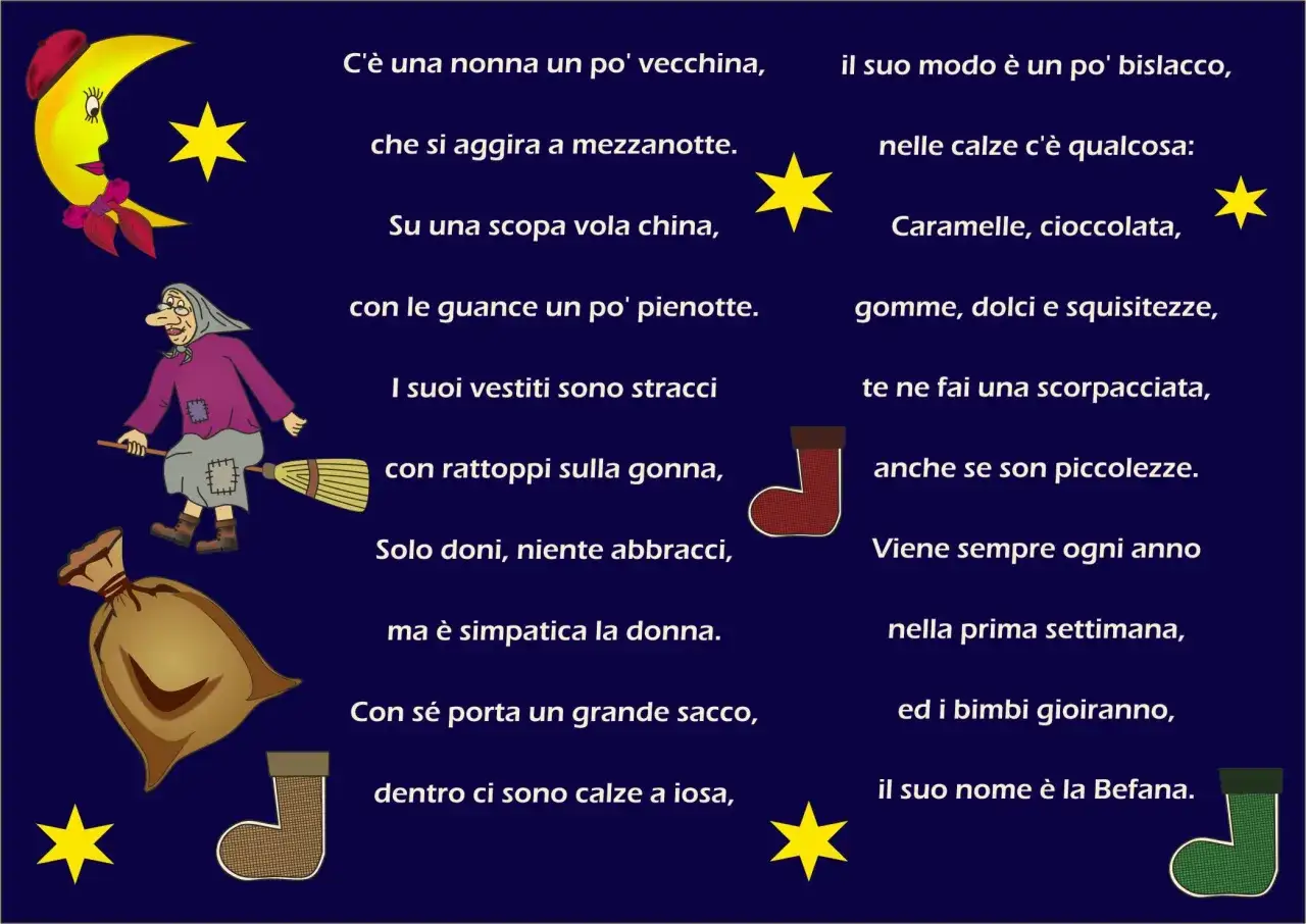 La Befana vola sulla scopa con un sacco pieno di dolci e calze, una filastrocca befana per bambini che porta gioia.