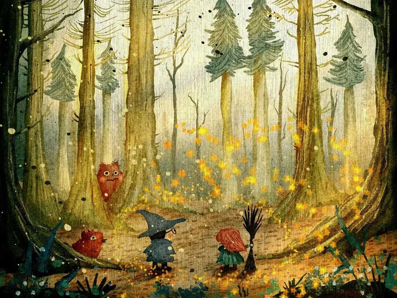 Un bosco incantato dove piccole creature, forse fate dei boschi, esplorano tra alberi maestosi e luci dorate.